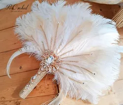 PEORQUID-Cristal Avestruz Alternativa Pena Nupcial Fan Bouquet, Ivory Gatsby Hand Fan, 1902s Casamento, Ouro Broche