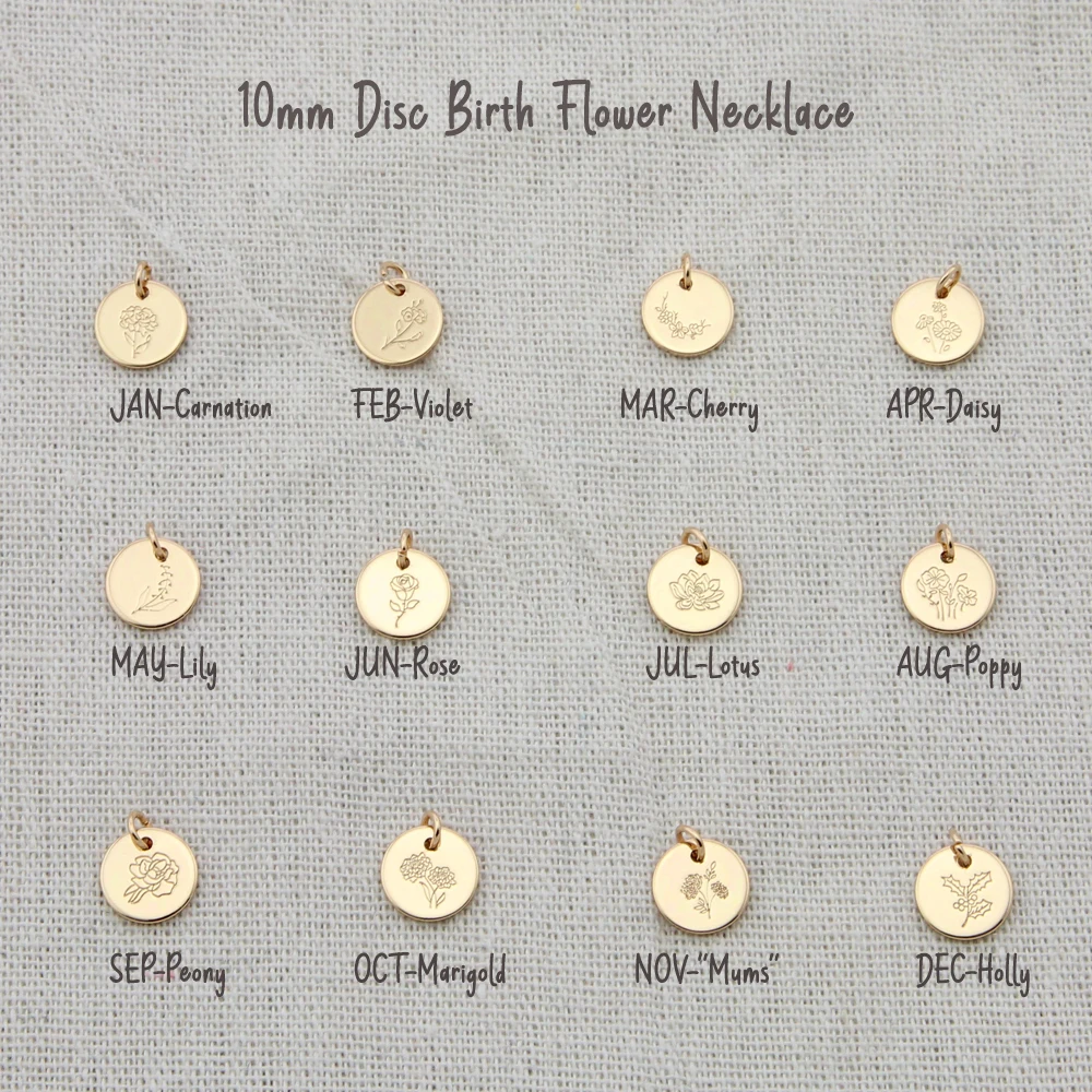 Delicate Birth Flowers Necklace Disc Pendant Layering Necklace Mother Daughter Necklace Women Jewelry Gift 10mm, 18inch