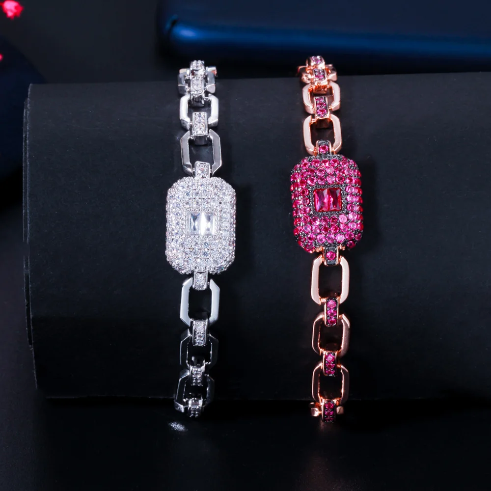 Pera Hot Pink Square Charm CZ Stone Color oro rosa pulseras de eslabones de cadena y brazalete para damas joyería de fiesta de verano B210