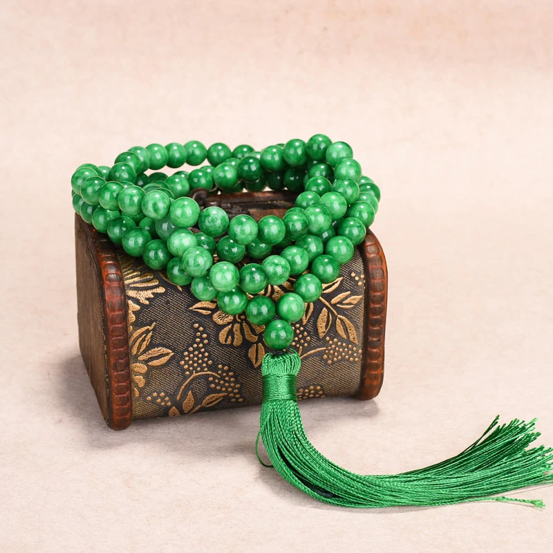 

Multilayer 108 green Beads 8-12mm Tassel Bracelet Necklace Tibetan Buddhist Mala Buddha Charm Rosary Yoga For Women Men Jewelry