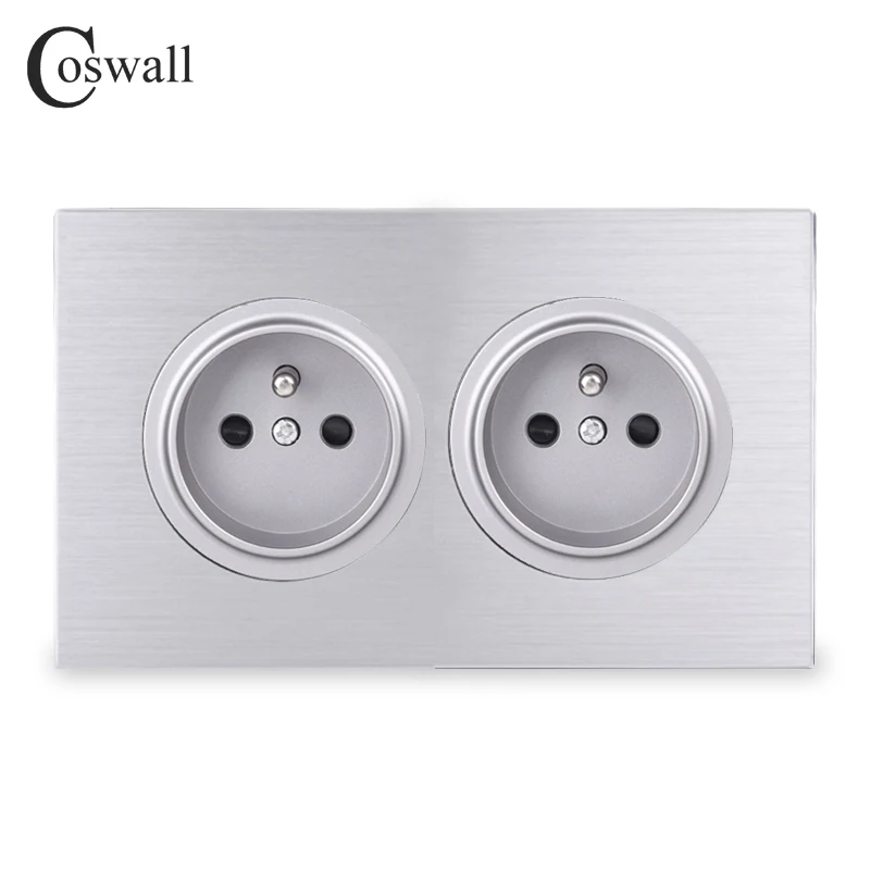 Coswall Black / Silver Gray Aluminum Panel Double French Polish Wall Socket Grounded With Children Protective Door