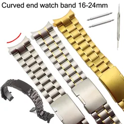 Curved End Solid Replacement Watchband 16 18 20 22 24mm Stainless Steel Wrist Bracelet Watch Strap Band Fold Buckle with Tool