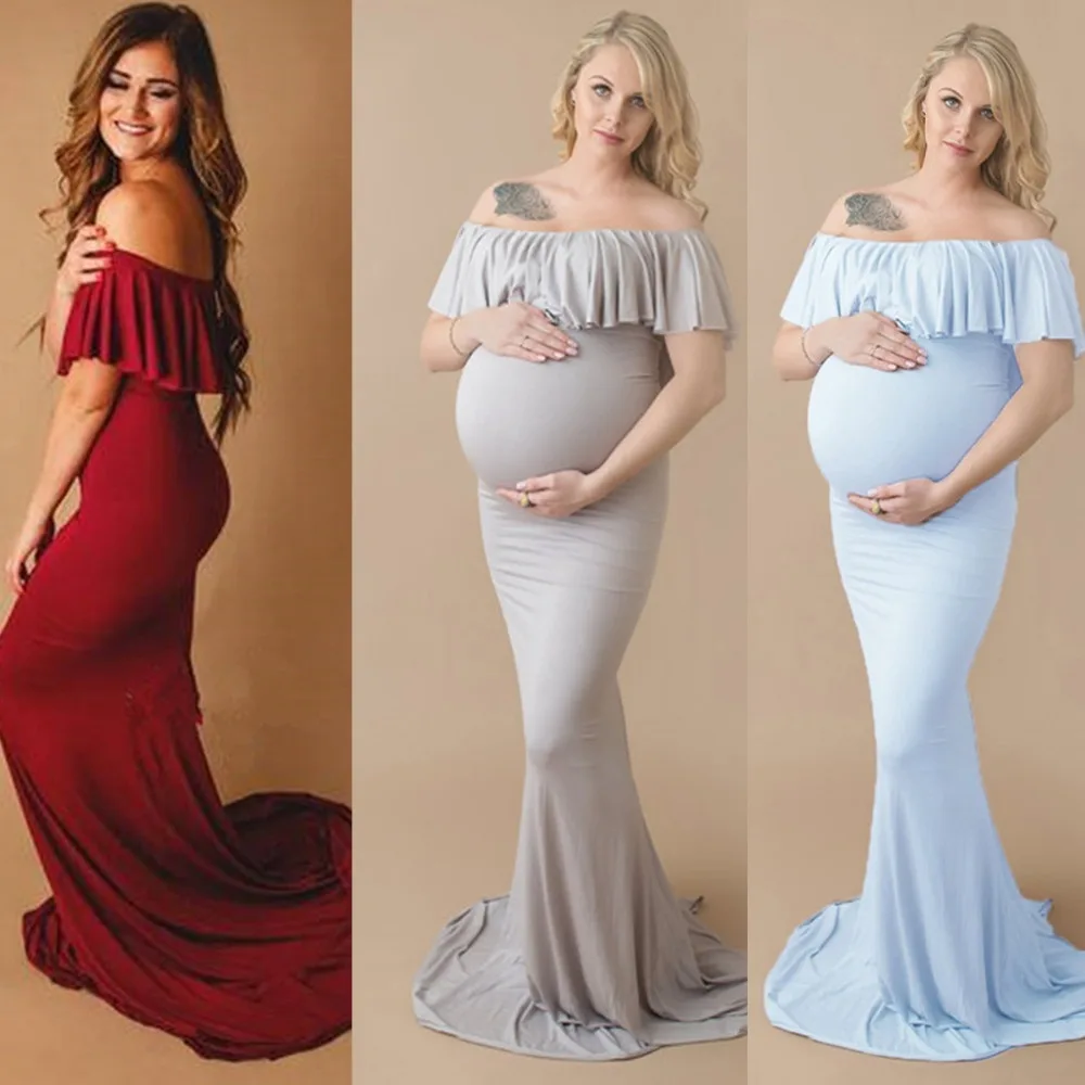 High Split Maternity Dresses for Baby Showers Photo Shoot Off Shoulder Long Sleeve Maxi Gown Pregnancy Dress Photography Props