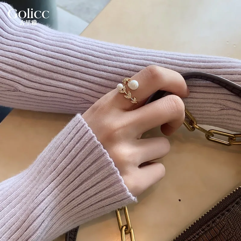 14K Real Gold Plating Korean New Design Fashion Jewelry Wheat Ear Leaf Bead Ring Elegant Women\'s Opening Adjustable Accessories