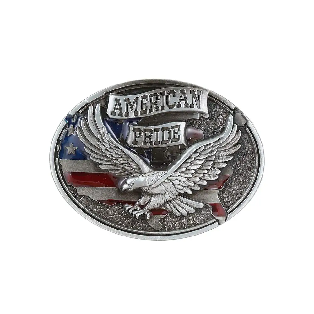 Hebilla de cinturón de plata del orgullo americano para hombre, hebilla de vaquero occidental sin cinturón, aleación personalizada, ancho de 4cm