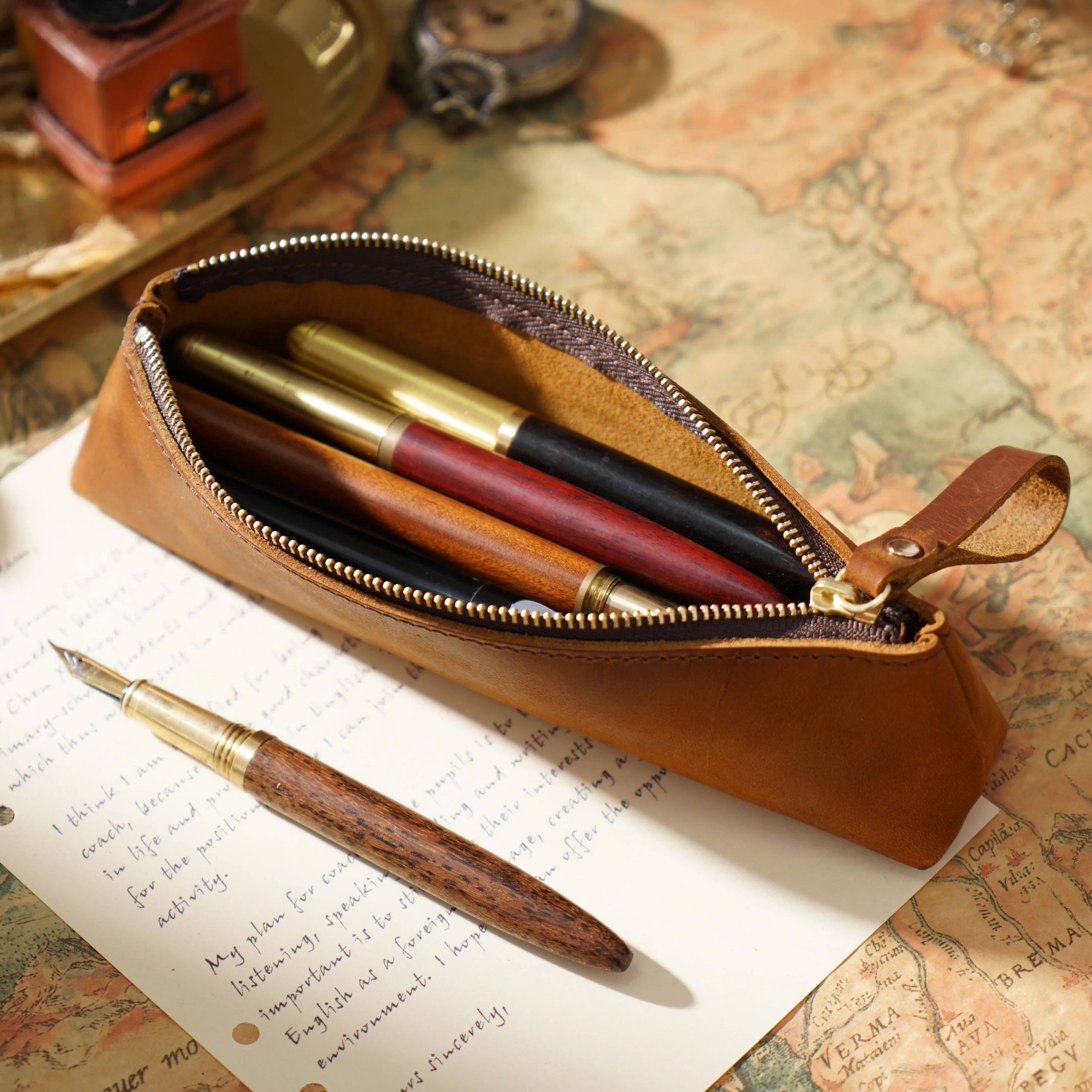 Crazy Horse Leather Zipper Pen Bag Creative Handmade First Layer Cowhide Pen Box Pen Protective Cover Genuine Leather Storage