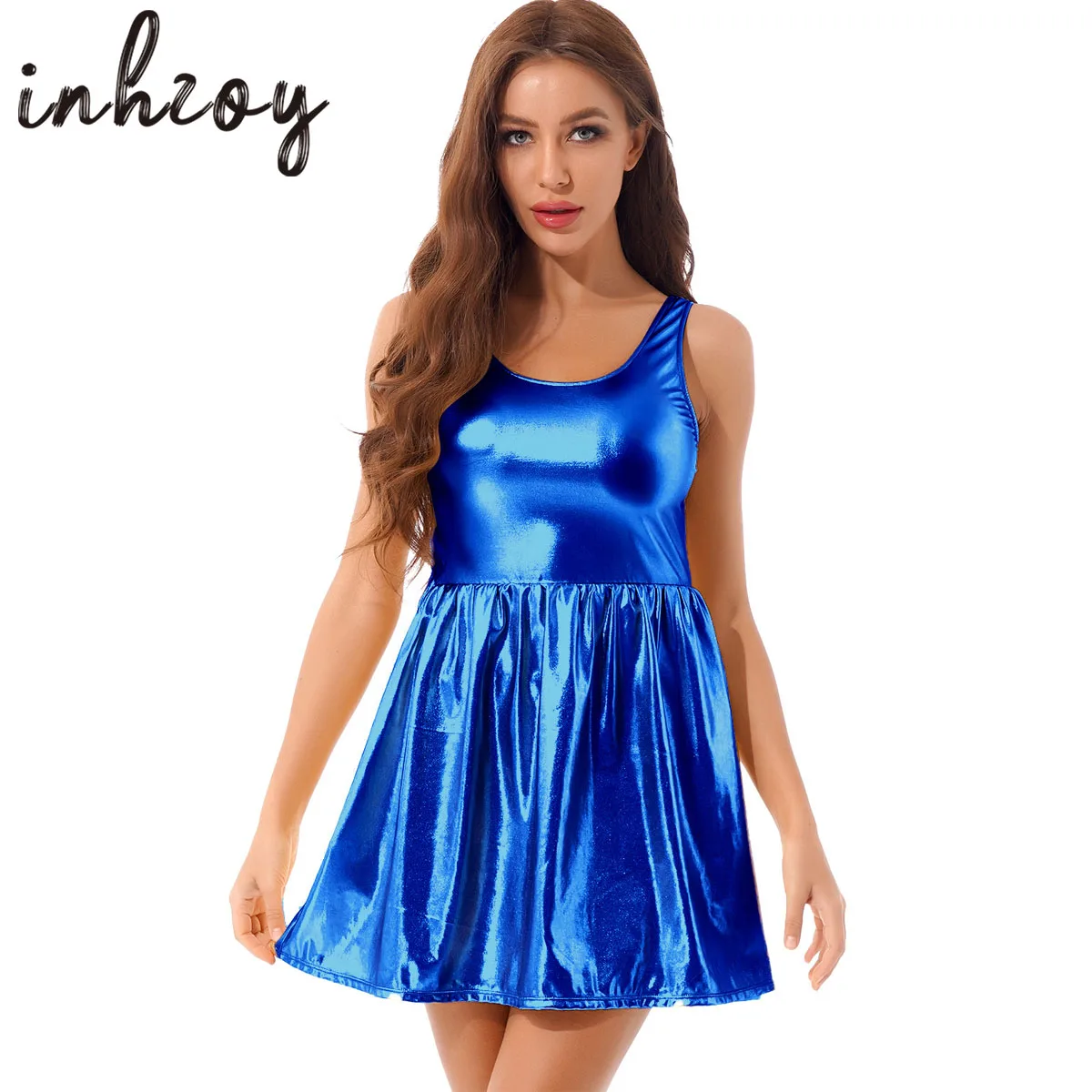 Shiny Metallic Dress Women Sleevess Mini  Skater Dresses Stage Lyrical Dancing Show Costume A-line Party Clubwear