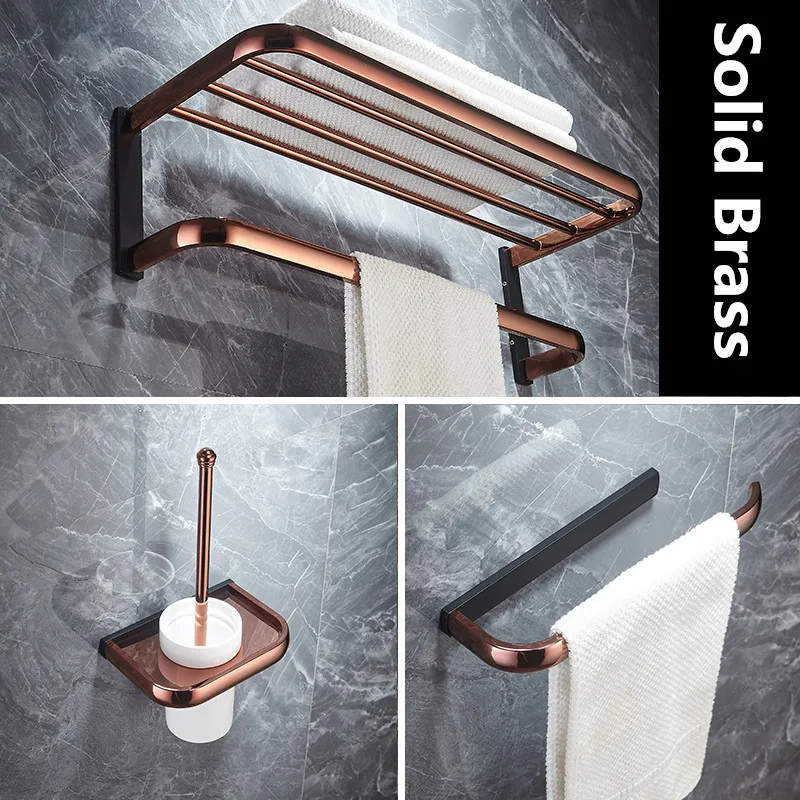 Rose Gold & Black Copper Bath Hardware Accessory Brass Towel Rack Corner Shelf Tissue Holder Hook Toilet Brush Nail Punched New