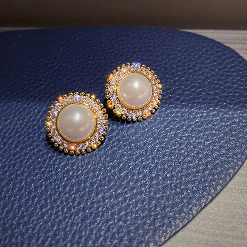 Korean Graceful Simple Rhinestones Imitation Pearl Round Clip on Earrings Non Pierced for Women Girl Ear Clips Weeding Jewelry