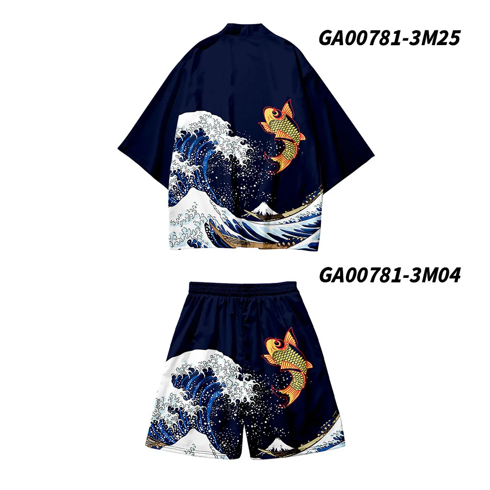 Harajuku Carp Print Cardigan Haori Cosplay Kimono Shorts Sets Japanese Traditional Clothes Shirt Women Men Two-piece Suit Yukata