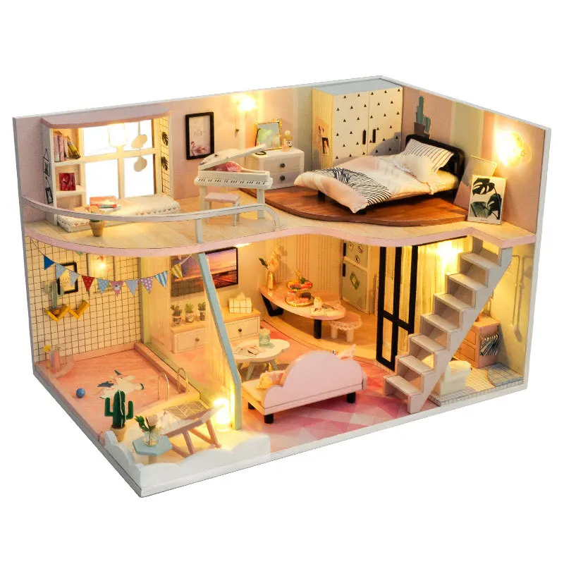 DIY Kawaii Doll House Wooden Model Building Kit Blocks Toys Miniature House With Unicorn Piano Fantasy Swimming Pool Kids Gift