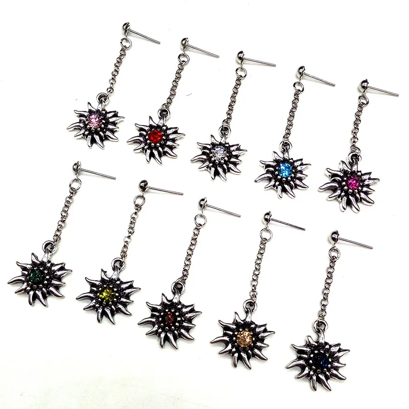 Antique Silver Color Long Chain Earrings for Women Zinc Alloy Edelweiss Flower Rhinestone Drop Earrings Gift Party Jewelry
