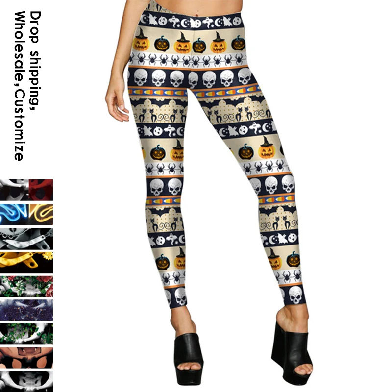NADANBAO jesień szczupła seksowna legginsy fitness 2025 Halloween dynia szkielet 3D legginsy z nadrukiem dla kobiet średniej talii legginsy treningowe