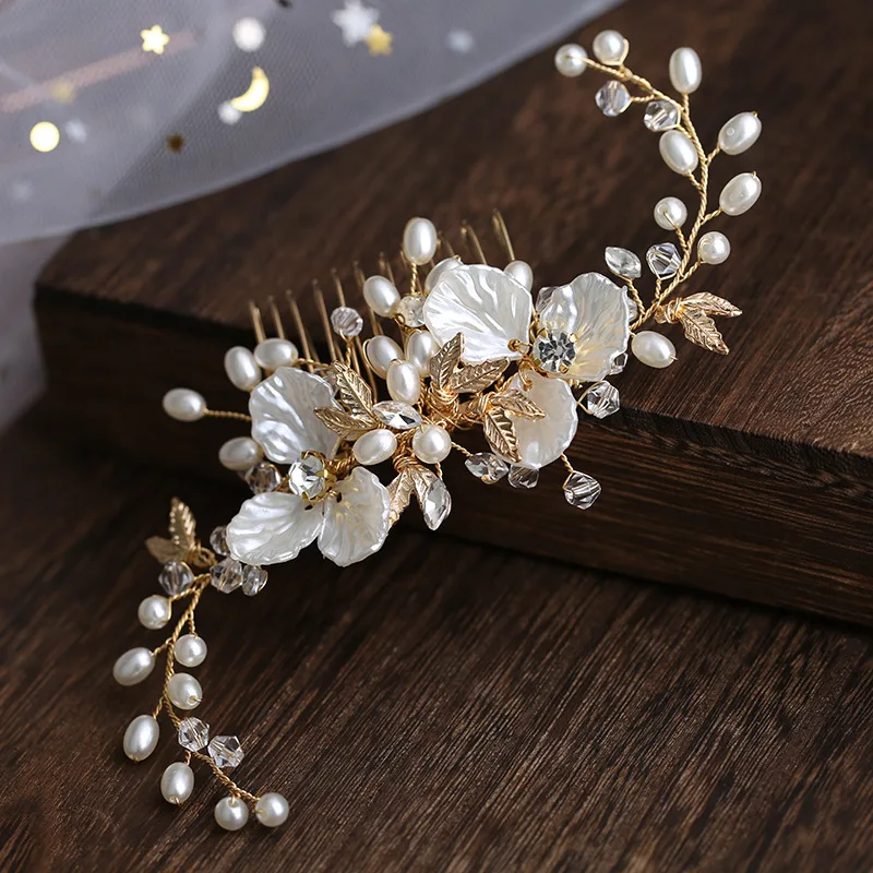 Pearl Flower Headdress, Wedding Dress Accessories, Golden Leaf Hair Comb, Bridal Headdress