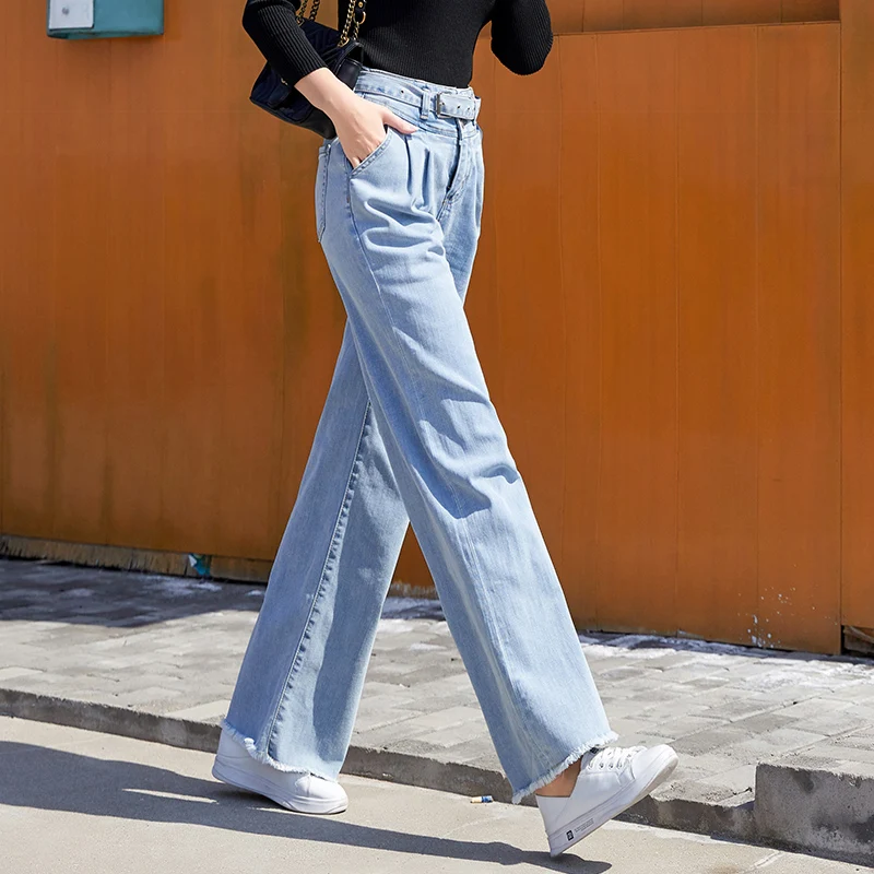 Free Shipping 2020 Fashion Long Jeans Pants For Women Wide Leg Trousers Plus Size 25-30 Tassels Denim Summer Tassels Belt Jeans