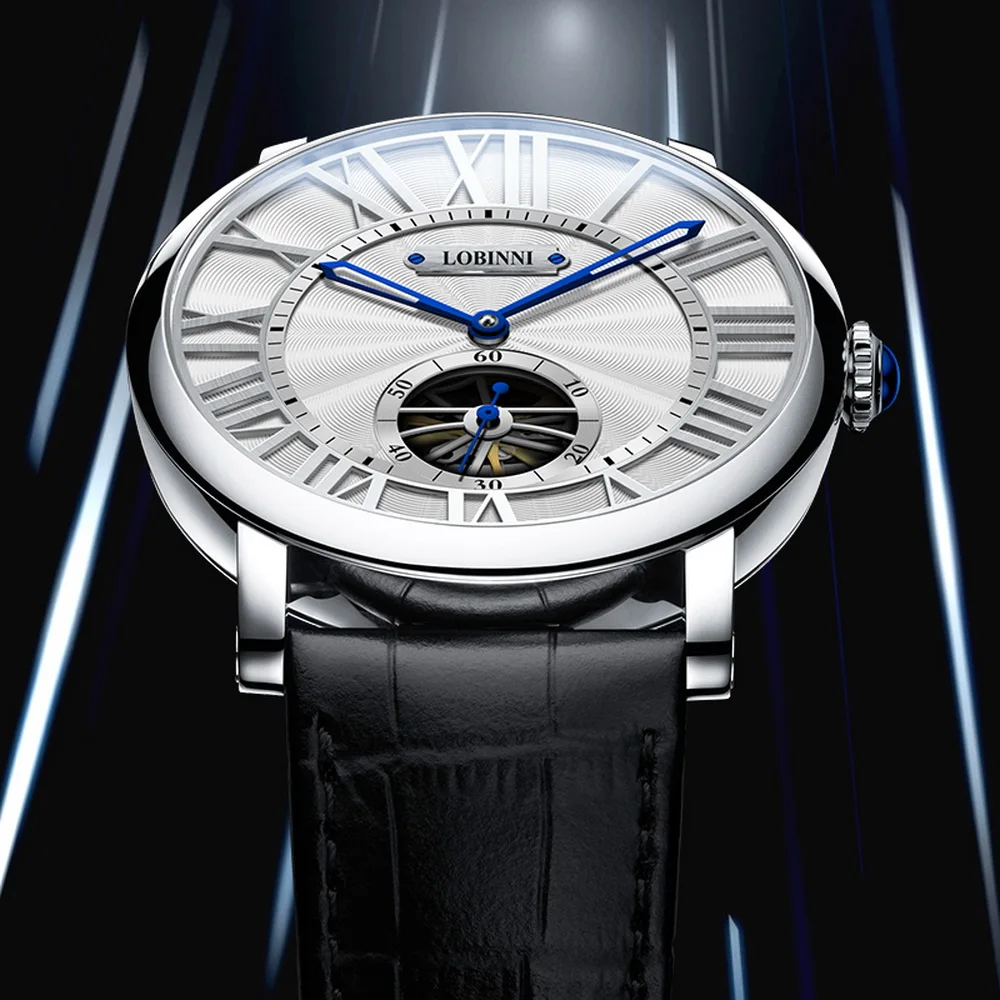 LOBINNI Mens 자동 시계 럭셔리 남성 시계 해골 스위스 방수 기계식 손목 시계 사파이어 로마 비늘