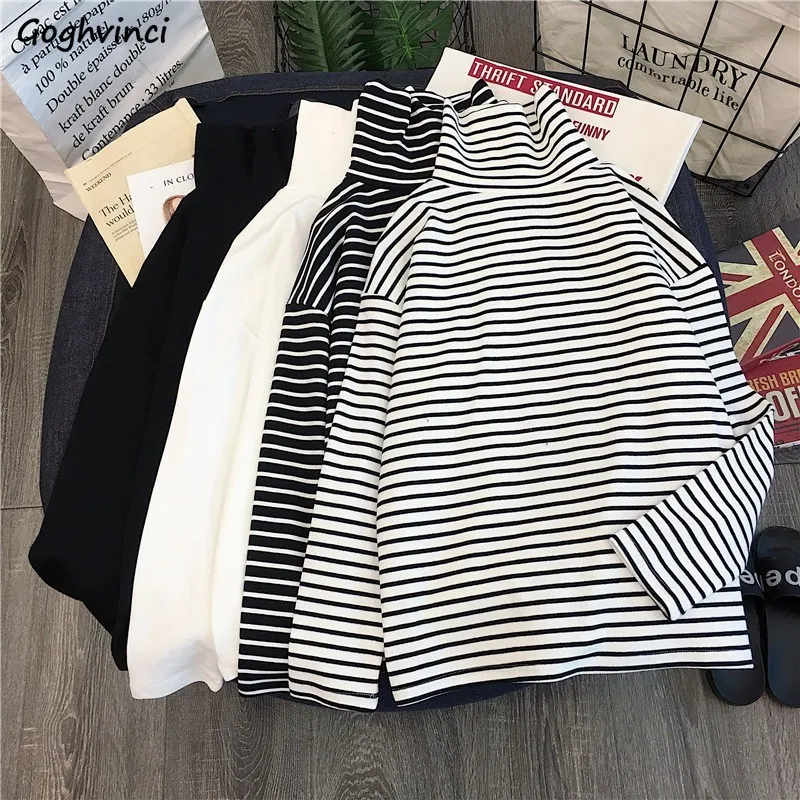 T-shirts Women White Black Striped All-match Korean Style Streetwear T Shirt Womens Turtleneck High Quality Trendy Clothes Chic