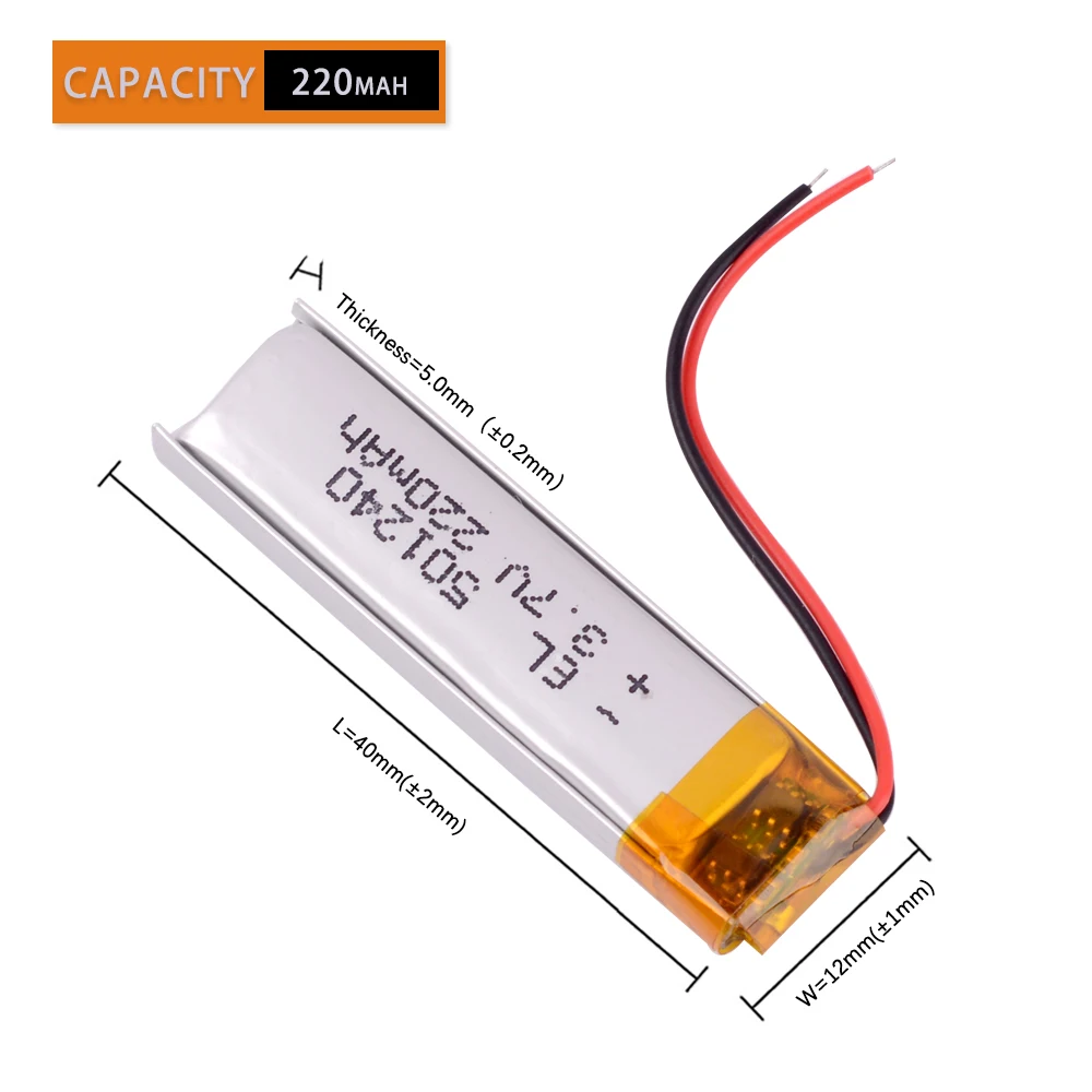 3pcs/Lot 3.7V 220mAh  501240 Rechargeable  li Polymer Li-ion Battery For bluetooth headset  mouse Bracelet  Wrist Watch 051240