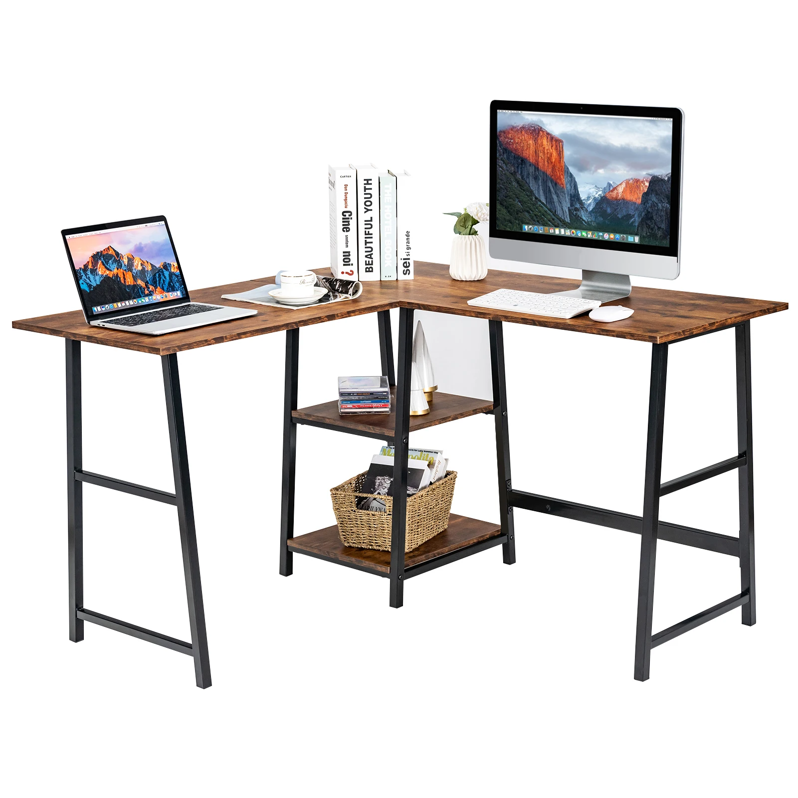 

Costway L Shaped Corner Computer Desk Study Table w/Storage Shelves Rustic Brown HW67177CF