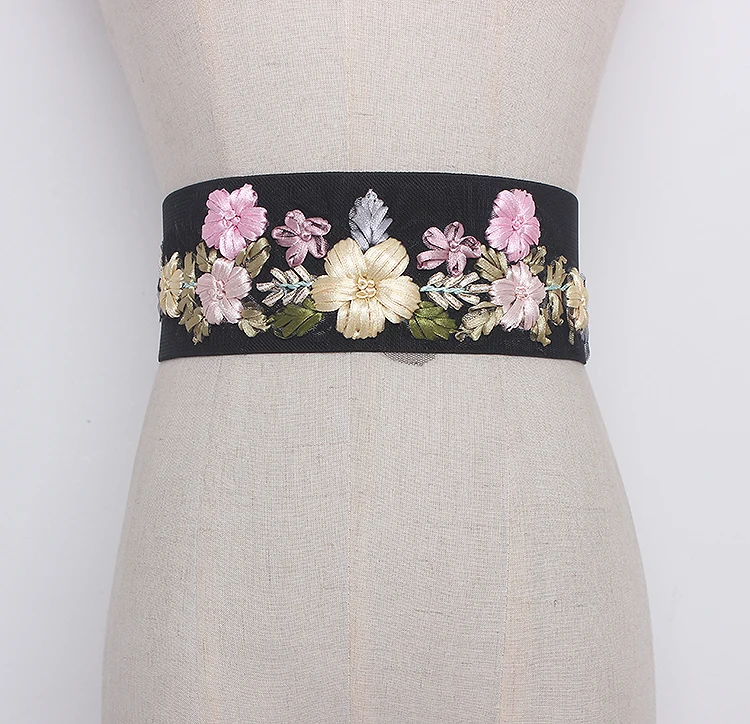 Women's runway fashion flower beaded elastic black Cummerbunds female Dress Corsets Waistband Belts decoration wide belt TB1540