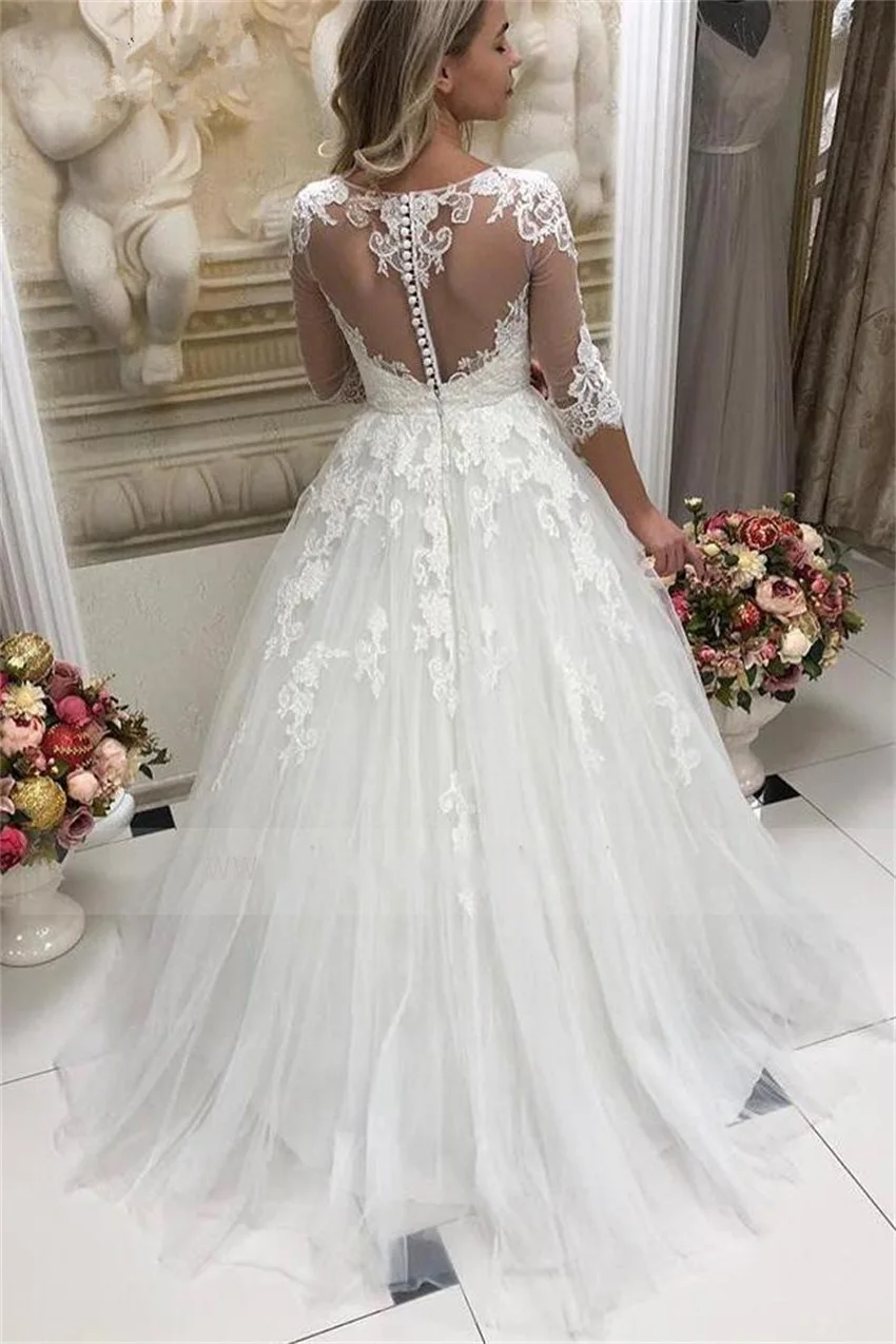 2020 New Illusion A-Line Half Sleeves Wedding Dresses Boat Neck Button Back Lace Appliques Wedding Bridal Gowns vestido de noiva