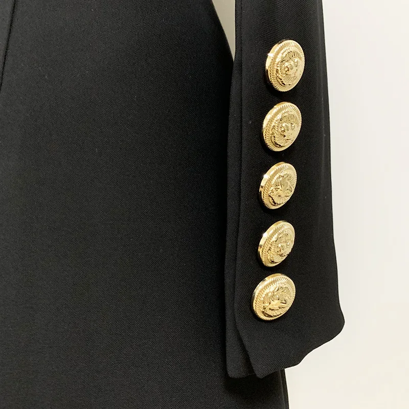 S-XL High Quality 2021 Pure Black V-neck Long Sleeve Three Gold Buttons Slim Fit Wrap Commuter Casual Woman Dress