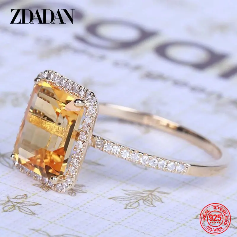 ZDADAN 925 Sterling Silver Fashion Square Gemstone Ring For Women Wedding Jewelry Gift