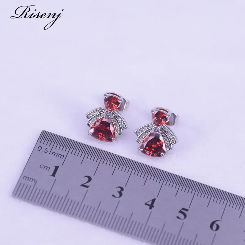 Lucky Color Red Zircon 925 Sterling Silver Jewelry Set For Women Stud Earrings Ring Necklace Bracelet Set Costume Jewelry Set