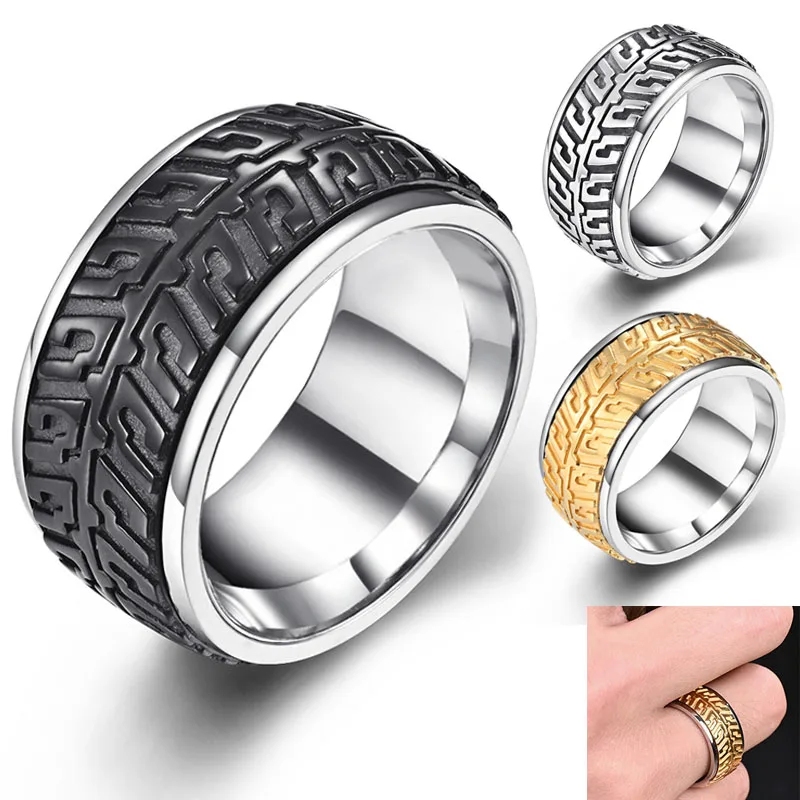 11MM Creative Men's Rotating hip-hop Car Tire Track Rings For Men Simple Titanium Steel Rings Birthday Gift Jewelry