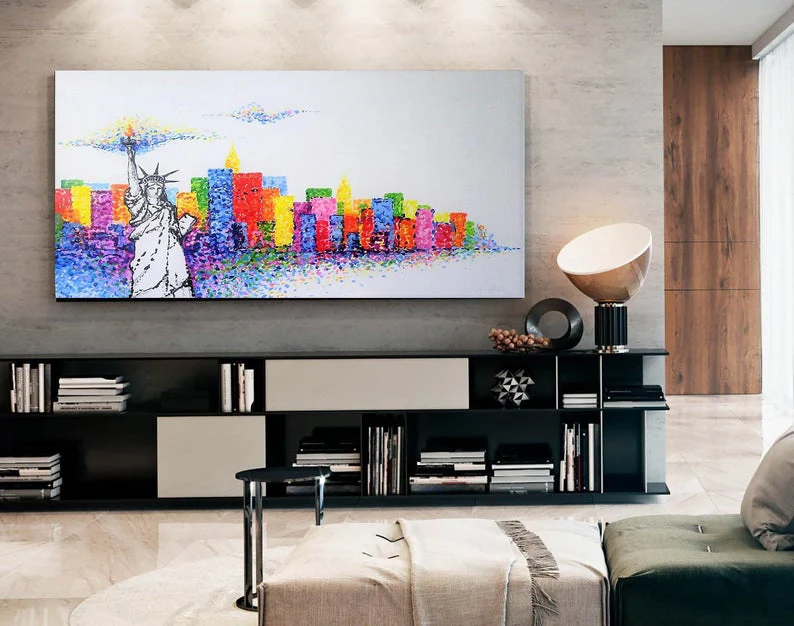 New York Skyline Painting Abstract Canvas Painting Art Wall Art Canvas Dine Room Wall Art Large Original Oil Painting Canvas