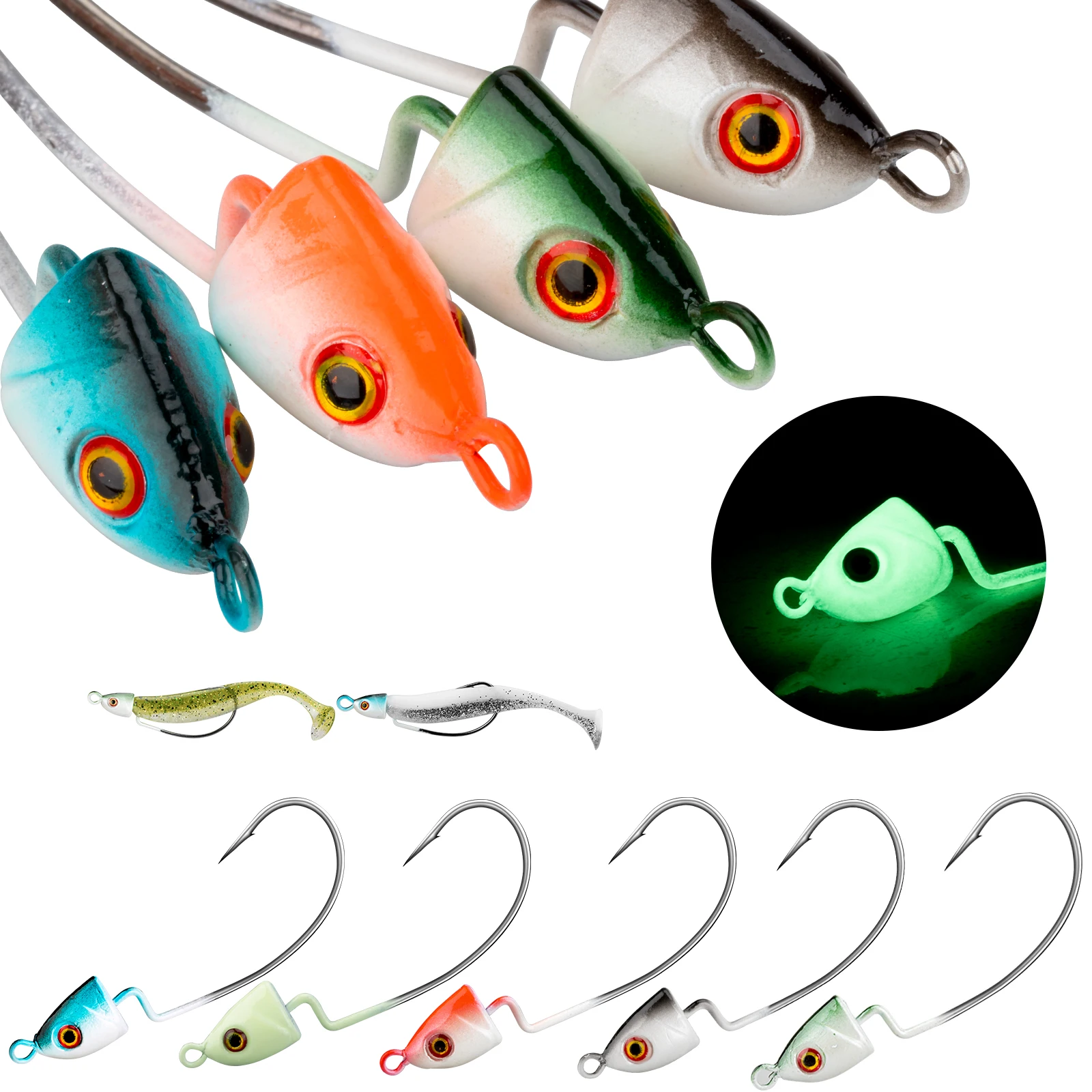 

5pcs Luminous Jig Head Hooks 3.7g 4.9g 7.6g 10.3g 15g Lead Head Fishing Hooks For Soft Lure Freshwater Glow Fish Head Fishhooks