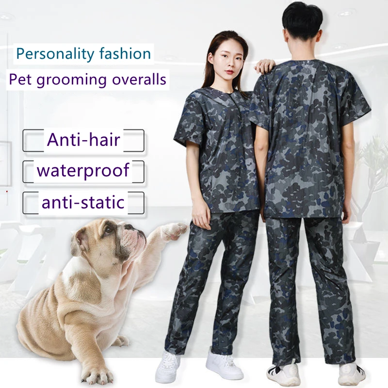 Pet Dog Grooming Work Clothes Pet Shop Uniforms Camouflage Pants Short Sleeved Waterproof Top Hair Salon Hairdresser Gown Y0625