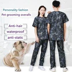 Pet Dog Grooming Work Clothes Pet Shop Uniforms Camouflage Pants Short Sleeved Waterproof Top Hair Salon Hairdresser Gown Y0625