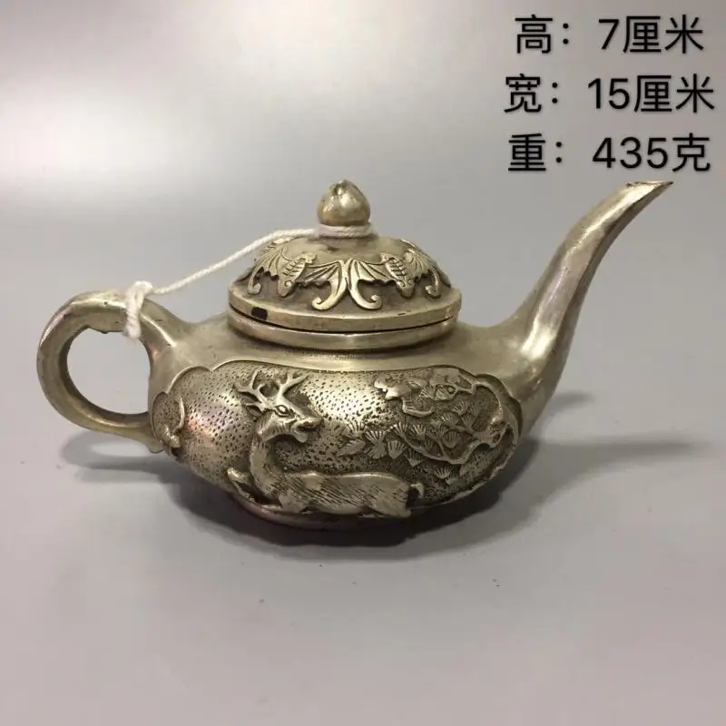 

Qianlong dynasty China White copper long mouth deer teapot crafts statue kettle Cupronickel tea pot desktop decoration