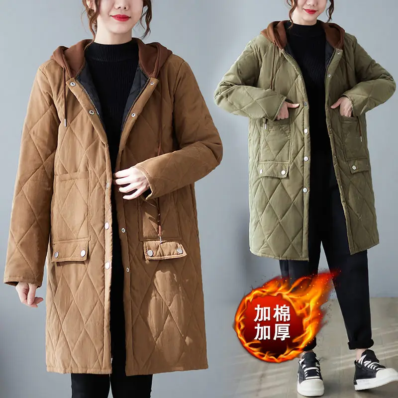 

Clothing Autumn Winter Casual Padded Jacket Women's Mid-Length Loose Hooded Quilted Coat Retro Outerwear Abrigos M1541