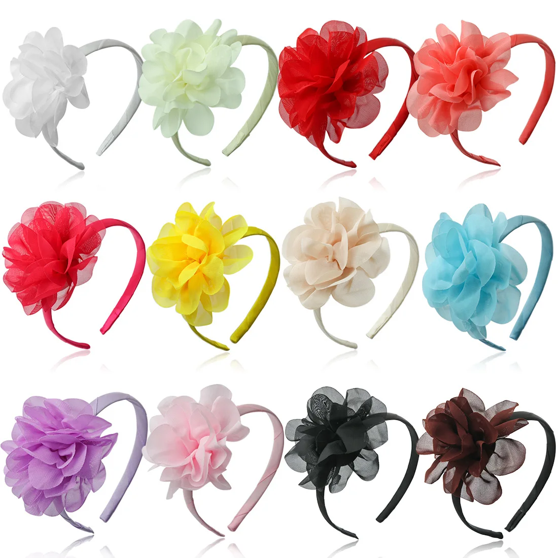 

24pcs Fashion Big Chiffon Floral Hairbands Tulle Flower Hard Headbands Princess Headwear Boutique Hair Accessories for Girls