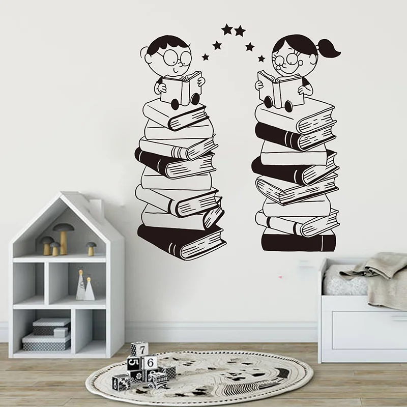 Cartoon Classroom  Child Read Book Wall Sticker Library  School Large Book Kids  Wall Decal Bedroom Vinyl Decor