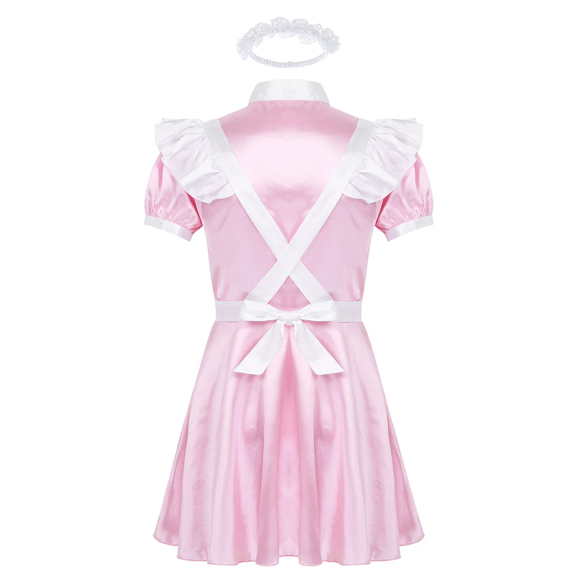 Mens Male Adults Sissy Maid Cosplay Costume Puff Sleeve Front Button Down Dress with Apron and Headband for Role Play Halloween