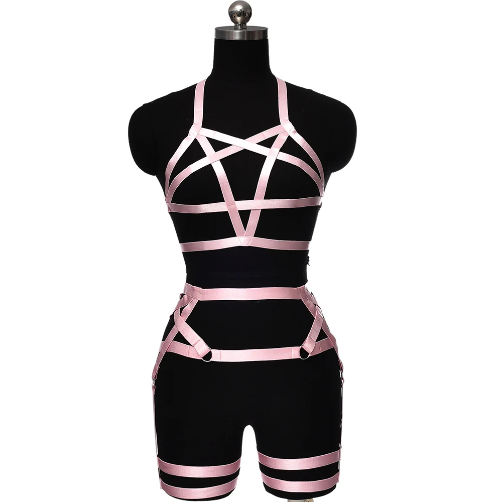 BONDAGE STRAPPY Garter Set Harness Sexy Body Cage Elastic BodySuit Goth Lingerie Stockings Garter Belt Pentagram Crop Top Bra