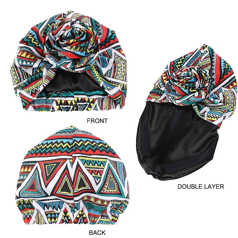 Women African Pattern Knot Headwrap Pre-Tied Knotted Turban Bonnet Satin Linned Beanie Headscarf Cap Headwear Hair Accessories