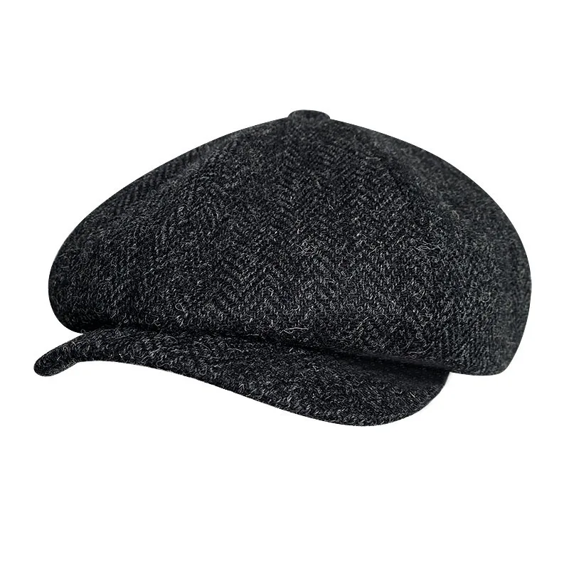 Pure Wool New Men\'s Brand Winter High Quality Black Newsboy Caps Herringbone Octagon Cap 2021 Women Gatsby Flat Hat BJM39