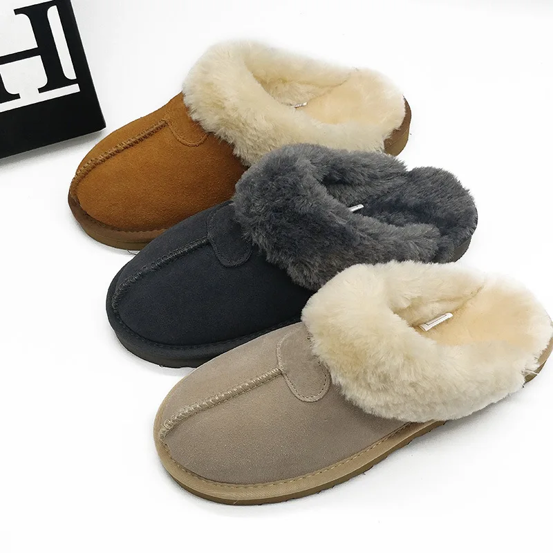 Women\'s Color Non-slip Winter Warm Slippers Indoor Warm Slippers Ladies Leather Slippers Couple Home Short Plush Flat Shoes