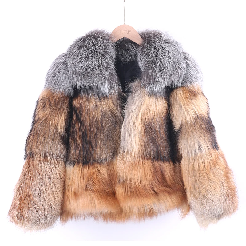 

2022 New Real Fur Coat Winter Jacket Women Natural Raccoon Fur With Red Fox Fur Silver Fur Outerwear Streetwear