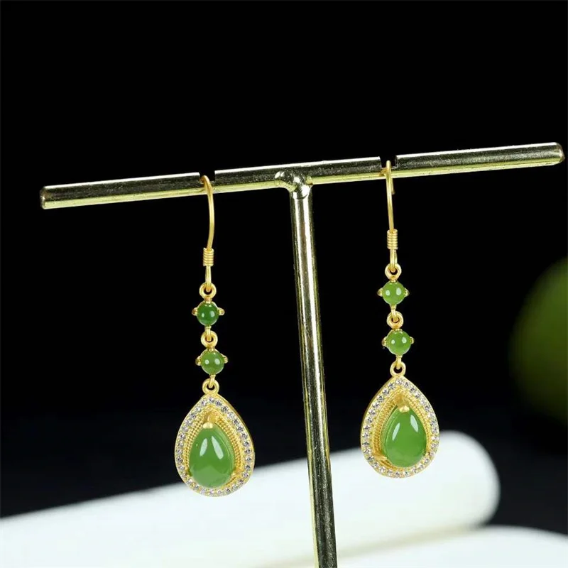 Hot Selling Natural Hand-carved 925 Silver Gufajin Inlaid Jasper Water Droplets Earrings Studs Fashion Jewelry Women Luck Gifts