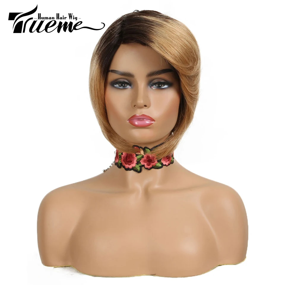 Trueme Pixie Cut Menselijk Haar Pruiken Ombre Blonde Korte Bob Pruik Voor Vrouwen Gekleurde Mode Braziliaanse Volledige Machine Pruik Met pony