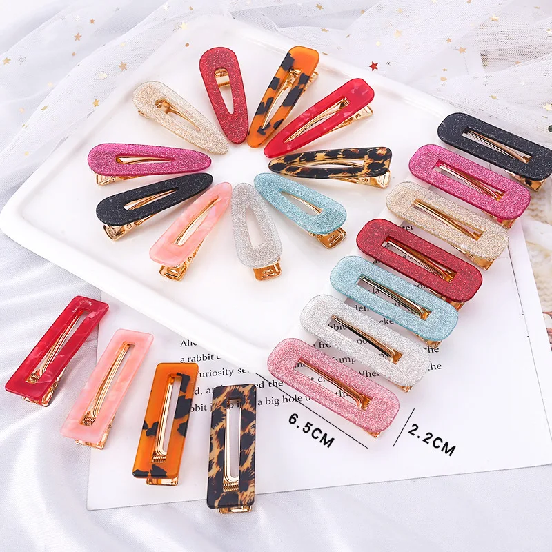 Fashion Hair Clips Women Acrylic Hollow Waterdrop Rectangle Leopard Marble Textured Girls Hair Clips Tin Foil Sequins Headwear