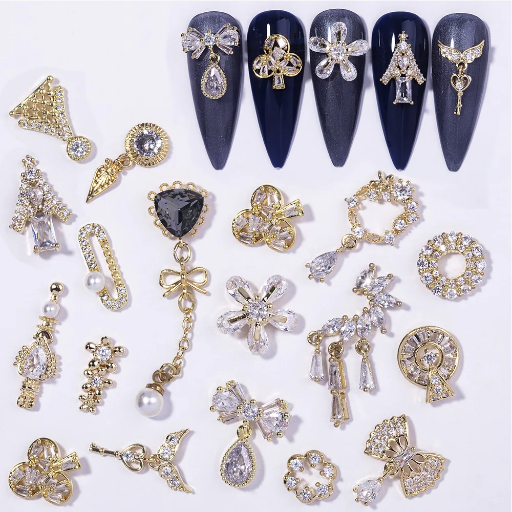 Latest 2 pc alloy Zircon Nail art decoration luxury zircon rhinestone tassel heart wing nail jewelry high end long nail charms