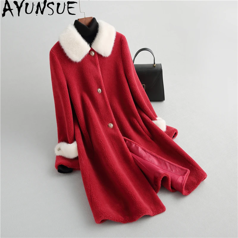 

AYUNSUE Elegant Real Mink Fur Collar Coat Female Winter 2021 Long Sheep Shearling Jacket Women's Fur Coat Casaco Feminino Gxy354