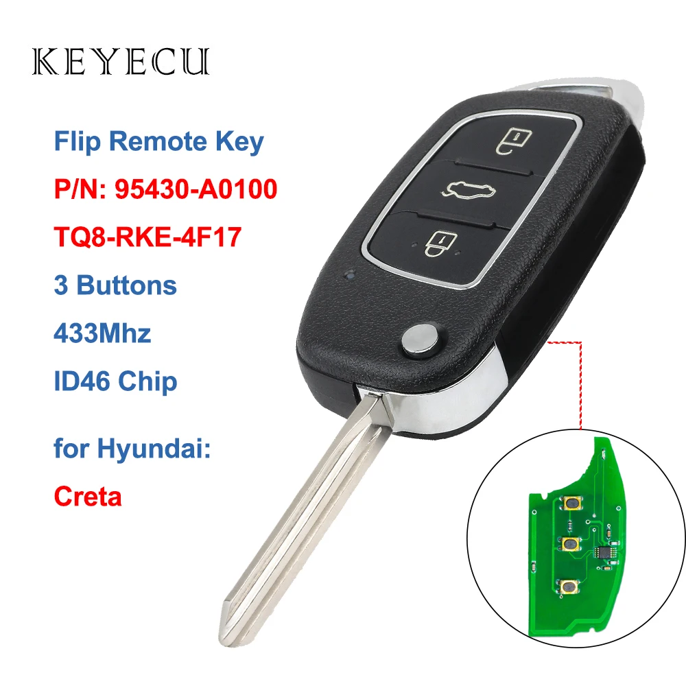 Keyecu Flip Remote Key Fob 433MHz ID46 Chip per Hyundai Creta 2016 2017 P/N: muslimfcc ID: TQ8-RKE-4F17