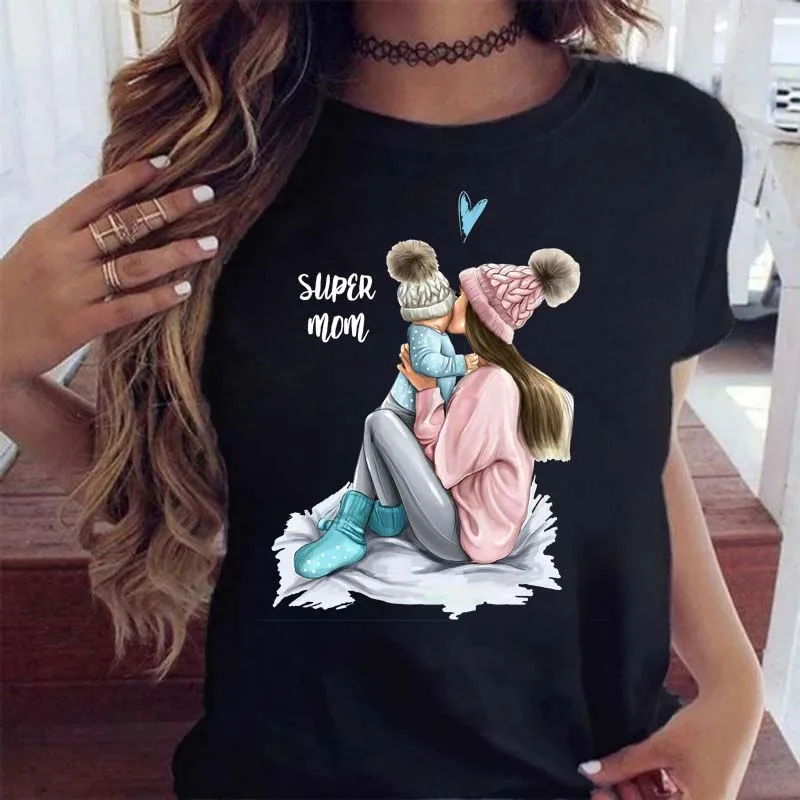 Women Clothing Cartoon Family Happy Time Mama Mom Mother Short Sleeve Clothes Print Tshirt Female Tee Top Graphic Black T-shirt